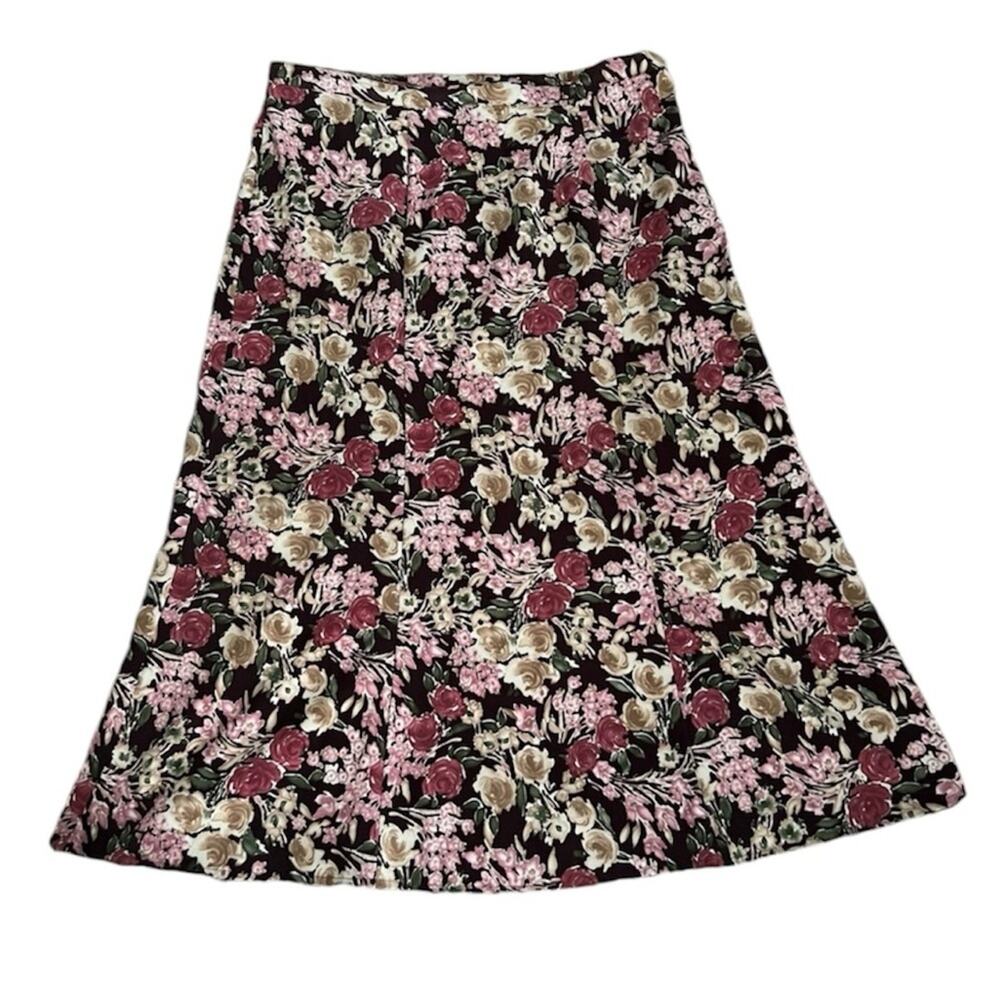 Floral A-Line Skirt in Black with Pink & Beige Roses